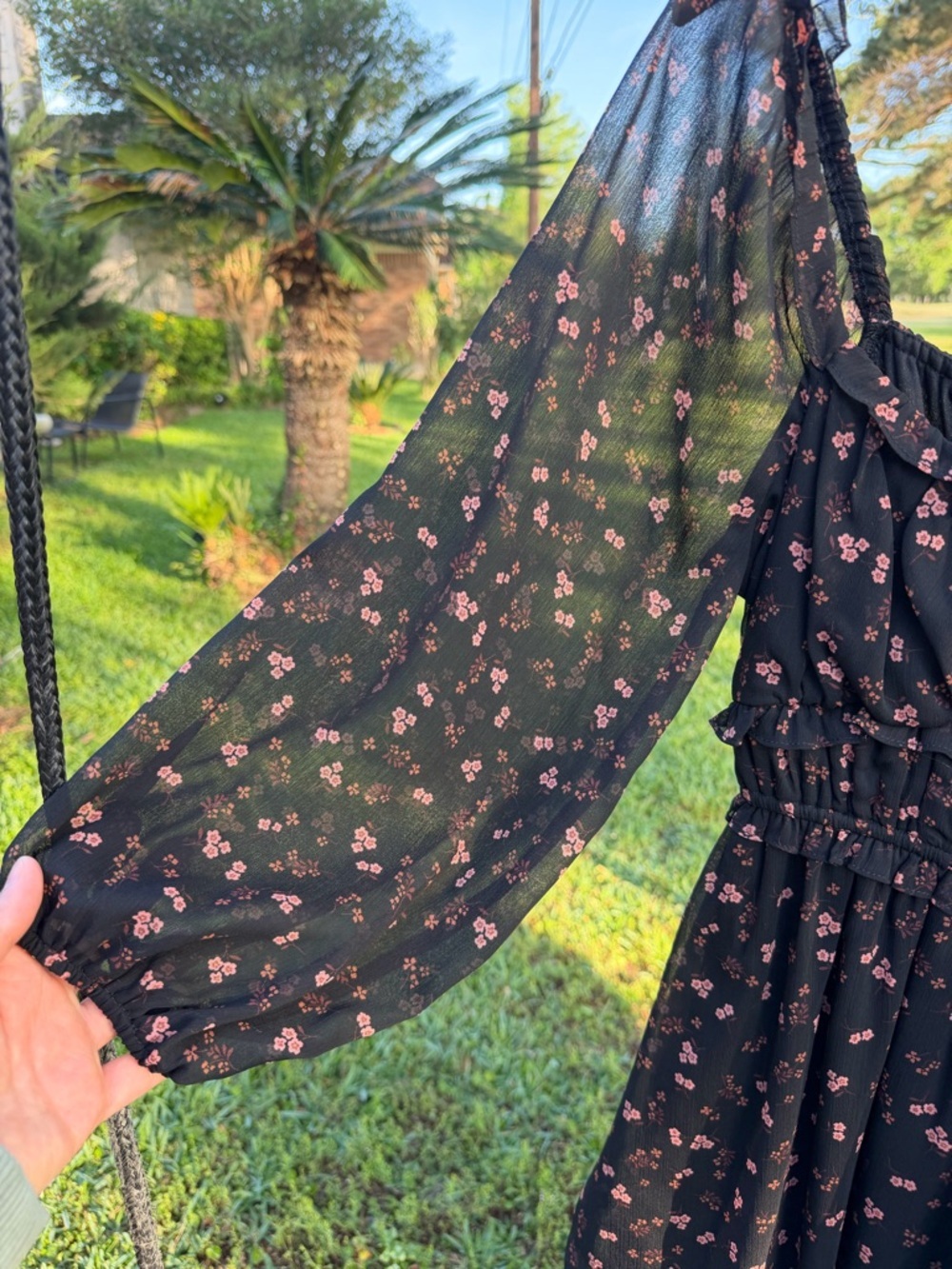 Lush Black Floral Mini Dress NWT Long Sleeve Ruffle Boho Babydoll Small - Picture 6 of 8
